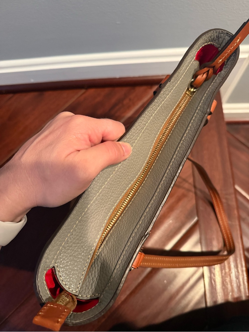 Dooney & Bourke Gray Pebble Leather Tote with Brown Straps and Front Pocket - Picture 9 of 10